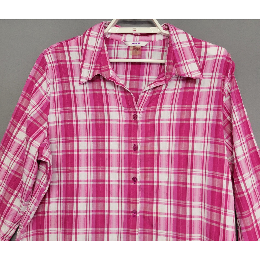 Alia Plaid Button Front Top Womens 16 Pink White Crinkle 3/4 Sleeves Casual - Picture 5 of 11